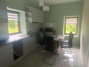a kitchen with a table and chairs in it at Agroturystka pod sosnami in Bałtów