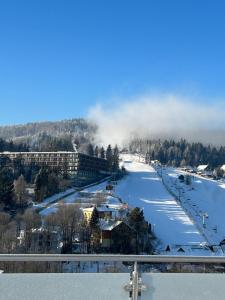 Una vista de un río con nieve en el suelo. en SP ZOZ Sanatorium Uzdrowiskowe MSWiA w Krynicy-Zdroju, en Krynica-Zdrój