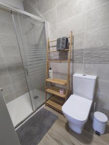 a bathroom with a white toilet and a shower at Casa Sáner in Rábade