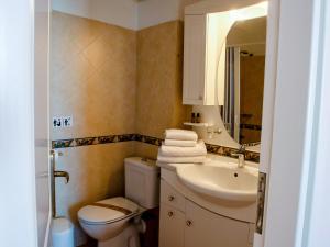 a bathroom with a toilet and a sink and a mirror at Dafnis Koufonisia in Koufonisia +55 photos
