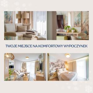 a collage of two pictures of a living room at POSESJA APARTAMENTY & SPA - Posesja Plażowa 4a I in Grzybowo