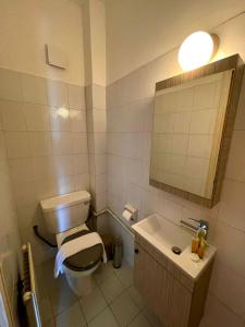a bathroom with a toilet and a sink and a mirror at Comfort Stay in Nicosia - Aglantzia RIK in Nicosia