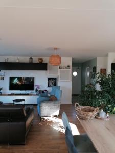 Saint-Yrieix-sur-CharenteにあるAu bonheur du tempsのソファとテレビのあるリビングルーム