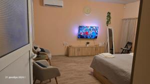 a room with a bed and a tv on the wall at Suite Roma 3 in Velingrad