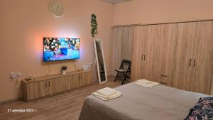 a bedroom with a bed and a tv on the wall at Suite Roma 3 in Velingrad