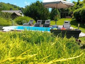 a backyard with a pool and chairs and an umbrella at Boglárka Vendégház in Vasvár