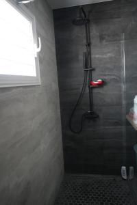 a bathroom with a shower with a red shoe at Villa Orchidée- au coeur du centre-ville in Entre-Deux +12 photos