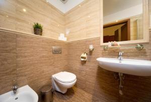 a bathroom with a sink and a toilet and a mirror at Ventus Rosa Apartments in Krakow