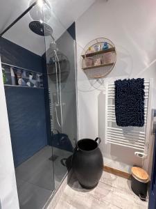 a shower with a large black vase in a bathroom at Les nuits d'été Niolon in Le Rove +17 photos