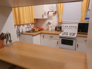 a small kitchen with a stove and a sink at Betty's Bay Quaint Cottage in Bettyʼs Bay