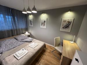 a bedroom with a bed and a desk and a chair at Apartament Galactica in Legnica