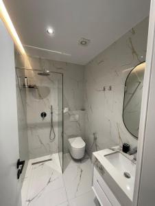 a bathroom with a shower and a toilet and a sink at Casa Tirana in Tirana
