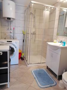 a bathroom with a shower and a sink and a washing machine at Apartment Maria in Pirovac