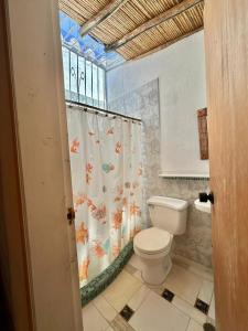 Posada Caribbean House في Playa Guacuco: حمام مع مرحاض وستارة دش