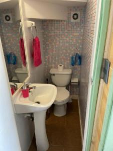 a small bathroom with a toilet and a sink at Los Queltehues in Puerto Montt +15 photos