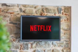 a television on a brick wall with the words netflix at Casa del Maestro-Appartamenti d'Arte in Dogliani