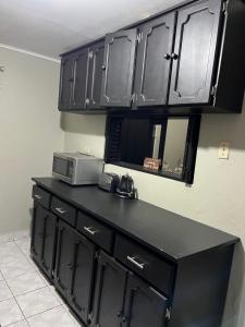 a kitchen with black cabinets and a microwave on a counter at Netfa's Hidden Gem in Kingston +7 photos