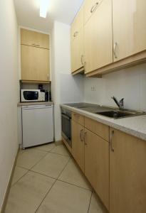 a kitchen with wooden cabinets and a sink and a dishwasher at Ferienwohnung D19 in Orselina