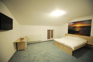 a bedroom with a bed and a desk and a television at Pensiunea Natura in Craiova