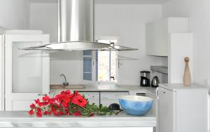 Una cocina blanca con flores rojas en una encimera. en Charming House in Paros, 90 m² with Shared Pool, en Parikia 14 fotos más