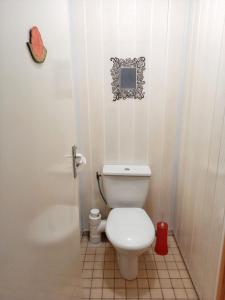 a bathroom with a white toilet in a stall at Bungalow accueillant à Bouillante avec climatisation et terrasse in Bouillante
