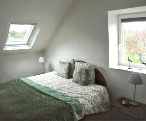 a bedroom with a bed and two windows at Maison charmante à Pordic, cheminées et jardin clos in Pordic