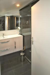 a bathroom with a white sink and a mirror at Maison charmante à Pordic, cheminées et jardin clos in Pordic +20 photos