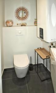 a bathroom with a white toilet and a mirror at Maison charmante à Pordic, cheminées et jardin clos in Pordic