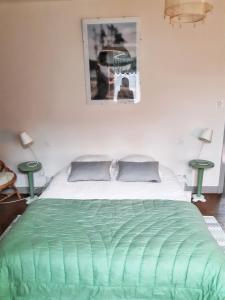 a bed with a green comforter in a bedroom at Charmante maison avec cheminée à Saint-Jacut-de-la-Mer in Saint-Jacut-de-la-Mer