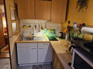 een kleine keuken met een spoelbak en een koelkast bij Ottos Ferienwohnung Goslar in Goslar