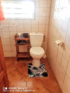 Appartement confortable avec vue sur mer à Deshaies, 48 m² في ديساي: حمام مع مرحاض مع سجادة أرضية مطبوعة بنقشة حمار وحشي