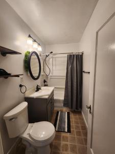 Un baño con inodoro, lavabo y espejo. en Katherine's Cozy Bungalow, en Terre Haute