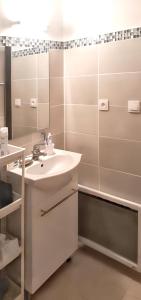 a bathroom with a sink and a mirror at Appartement lumineux dans le centre de Digne-les-Bains avec balcon. in Digne-les-Bains +10 photos