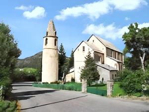 a church with a tower next to a house at Appartement accueillant à Selonnet de 80 m² avec piscine partagée in Selonnet