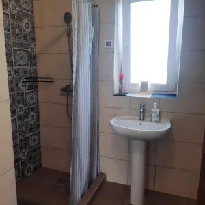 a bathroom with a sink and a shower with a window at Ночівля in Poltava +28 photos