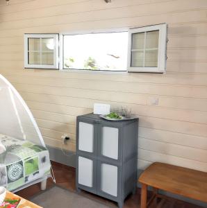 勒马兰Charmante maison vue mer au Marin avec jardin的一个小橱柜,房间有两个窗户