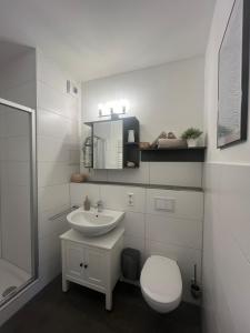 a white bathroom with a toilet and a sink at City-Apartment mit Stil und Charme in bester Lage in Bielefeld