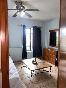 a living room with a table and a ceiling fan at Suites Chingón in Guadalajara