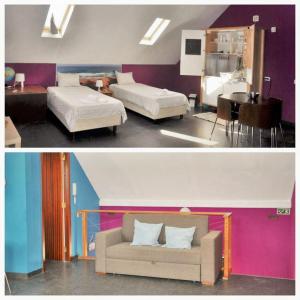 a living room with two beds and a couch at Cozy house in Peniche, 30 m² with sea view in Peniche