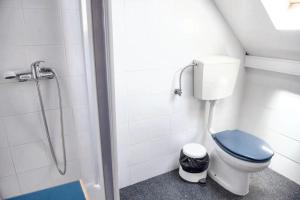 a bathroom with a blue toilet and a shower at Cozy house in Peniche, 30 m² with sea view in Peniche +26 photos