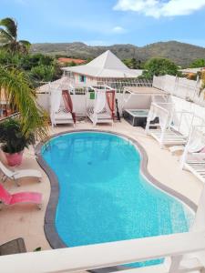 a swimming pool with white chairs and a swimming pool at Studio charmant à Sainte-Anne avec piscine partagée - 30 m² in Sainte-Anne