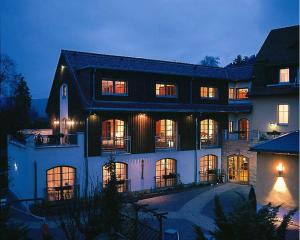 ein großes Haus mit vielen Fenstern in der Nacht in der Unterkunft Hotel Ettrich & Elbresort Rathen in Kurort Rathen