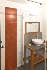 a bathroom with a sink and a mirror at Maison accueillante à Ravine des Cabris avec vue sur montagne in Ravine des Cabris