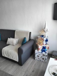 a living room with a couch and a christmas presents at Kub A in Sărmaş