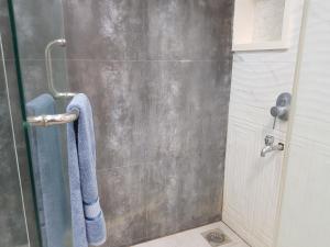 a shower with a blue towel on a glass door at Tulip Dream Suite in DHA Phase-6 Lahore in Lahore