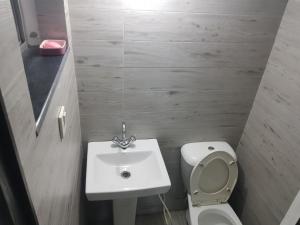 a bathroom with a white sink and a toilet at Tulip Dream Suite in DHA Phase-6 Lahore in Lahore +41 photos
