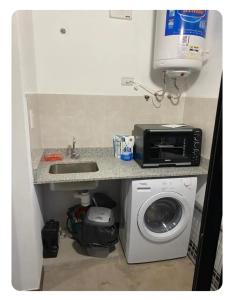 ベジャ・ビスタにあるSiloé Bella Vistaのキッチン(シンク、電子レンジ、洗濯機付)