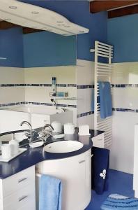 Łazienka z białą umywalką i niebieskimi ścianami w obiekcie Cosy house with jacuzzi in Zugarramurdi w mieście Zugarramurdi