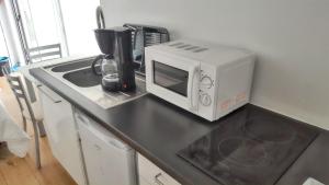 a microwave sitting on a kitchen counter next to a sink at Charming Bungalow in Pataias with Shared Pool in Pataias