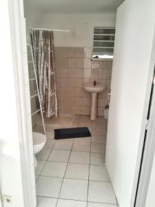 a bathroom with a shower and a toilet and a sink at Appartement charmant à Sainte-Anne avec piscine partagée - 60 m² in Sainte-Anne